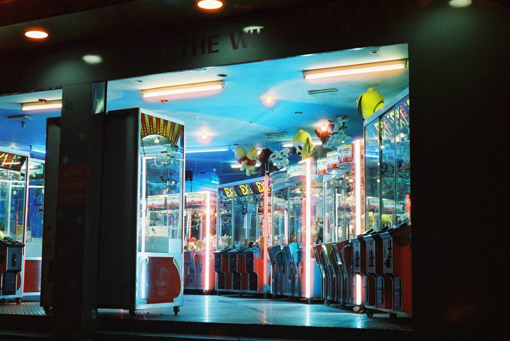 A picture of the arcades at night shot on CineStill 800T, Leica M2